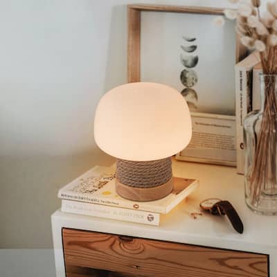 Modern Mushroom Table Lamp with Milk Glass Shade and Natural Rope - W 3.94"