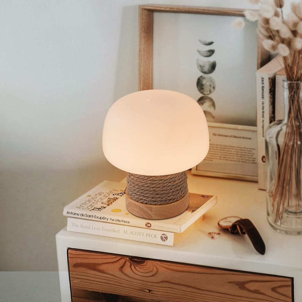 Modern Mushroom Table Lamp with Milk Glass Shade and Natural Rope - W 3.94"