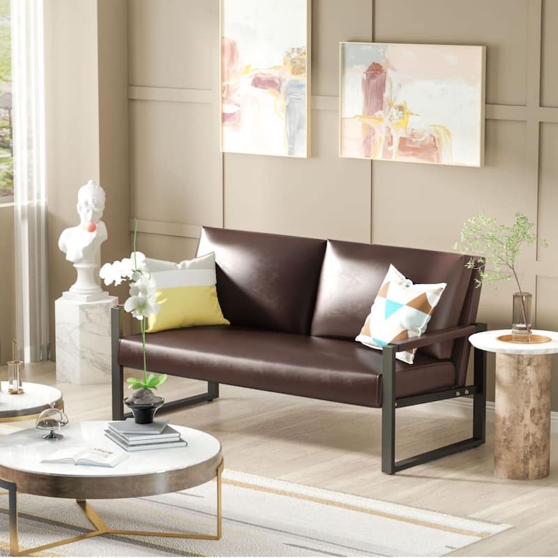 Mieres Mid-Century Style Faux Leather Loveseat Sofa with Steel Frame