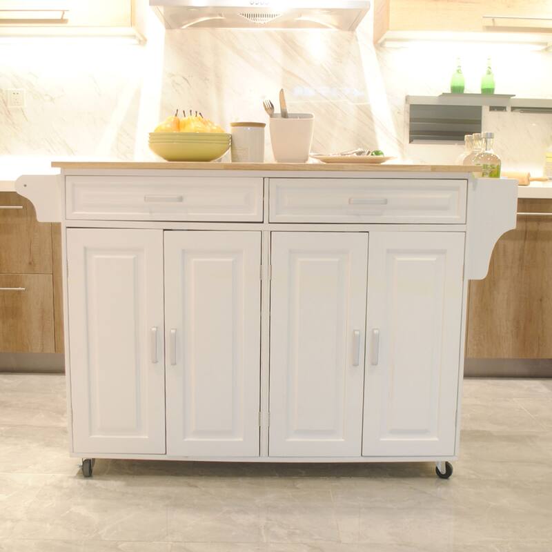 Mobile Kitchen Island with Large Storage, Rubber Wood Top, and Spice Rack - White