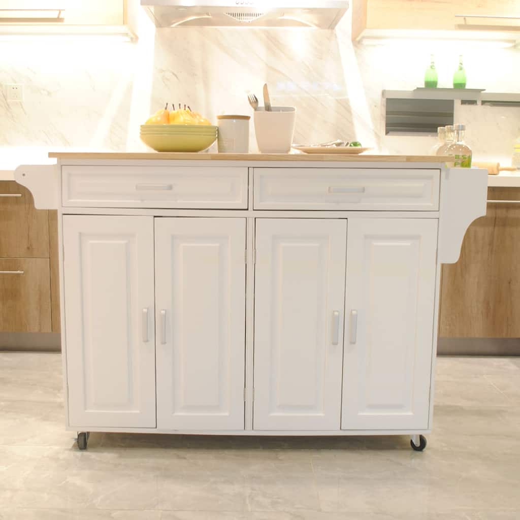Mobile Kitchen Island with Large Storage, Rubber Wood Top, and Spice Rack