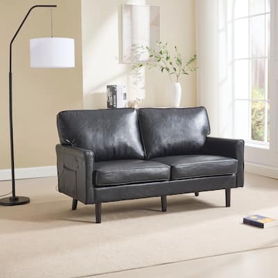 Roomfitters PU Loveseat Sofa, Mid-Century 2-Seater Couch with USB and Removable Pillow Covers for Living Room or Apartment