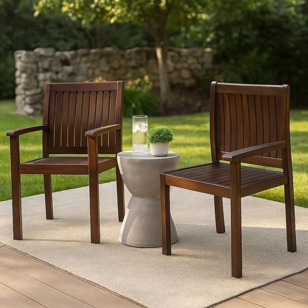 Alison Outdoor Dining Arm Chair Set of 2, Slatted Brown Acacia Wood