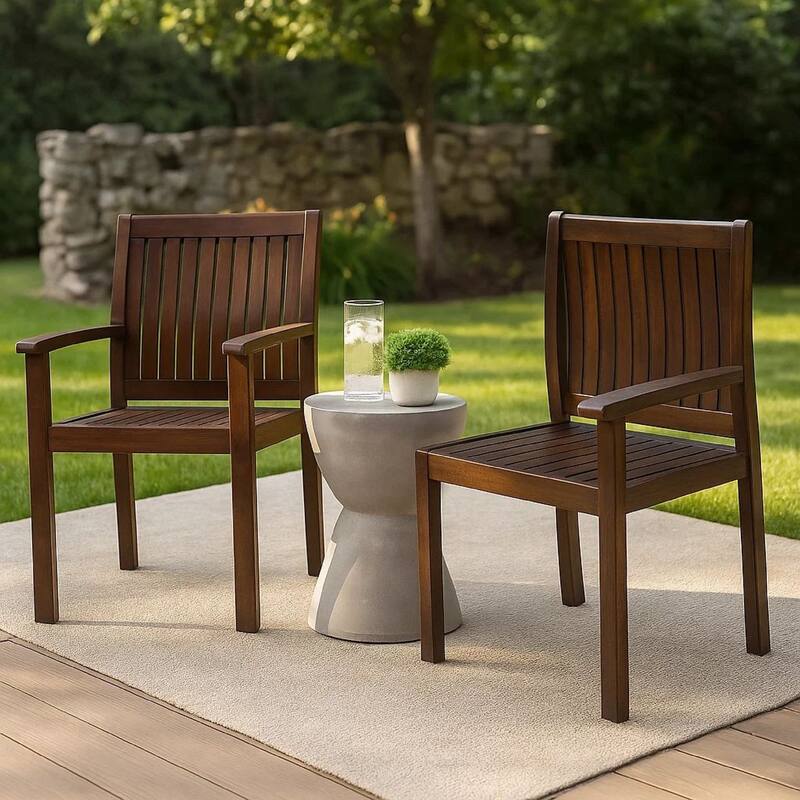 Alison Outdoor Dining Arm Chair Set of 2, Slatted Brown Acacia Wood
