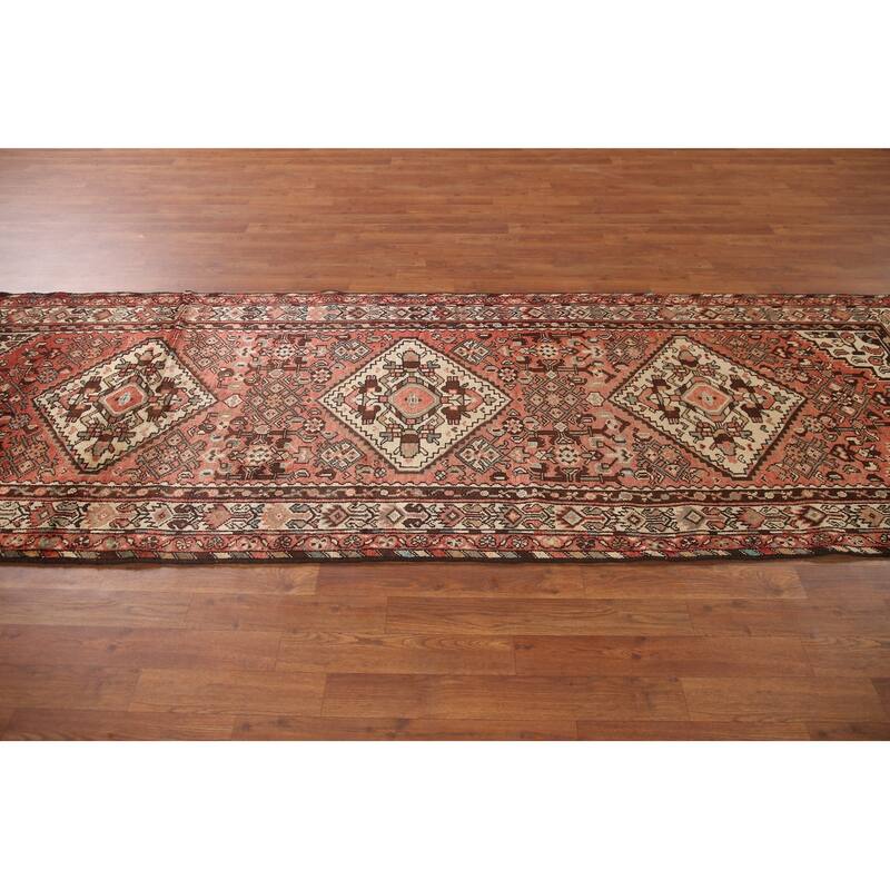 Hand Knotted Oriental 100% Wool Carpet Traditional Geometric Red Hamedan Runner Rug - 10' 3'' X 3' 6''