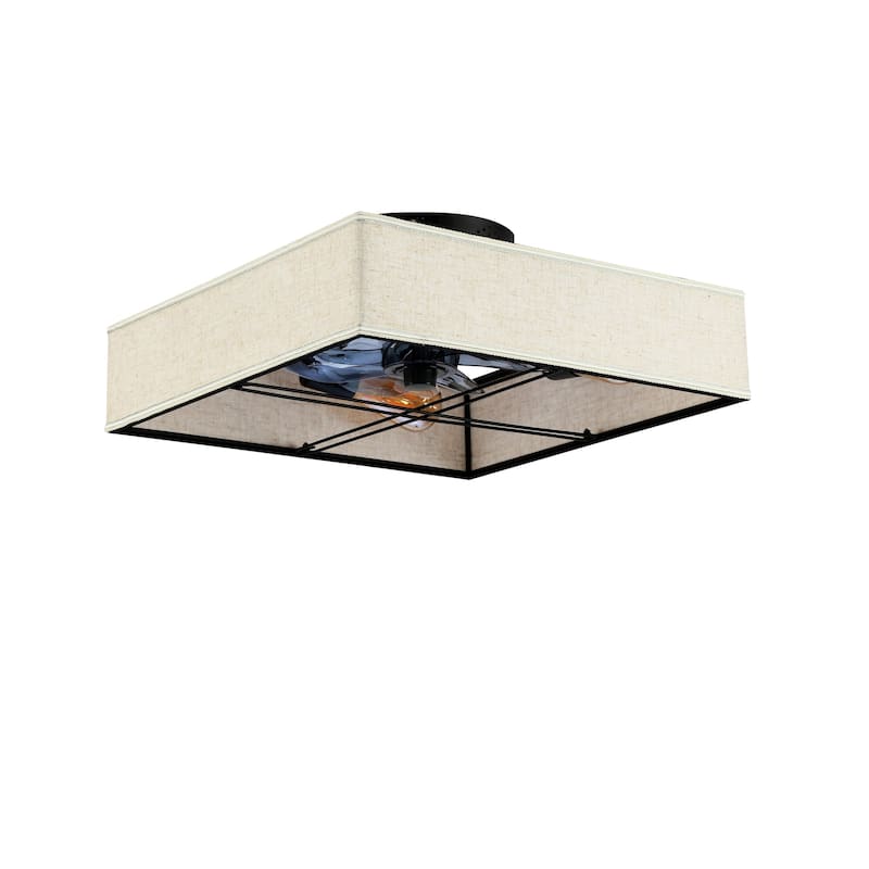 16.6"Square Fabric Flush Mount Ceiling Fan,Reversible Motor,DC Remote Control,7 PCS PC Blades,6 Speed Ceiling Fan,Timing - Matte Black