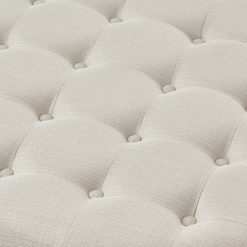 Large Round Tufted Linen Ottoman Coffee Table with Wood Shelf Storage - Ivory White