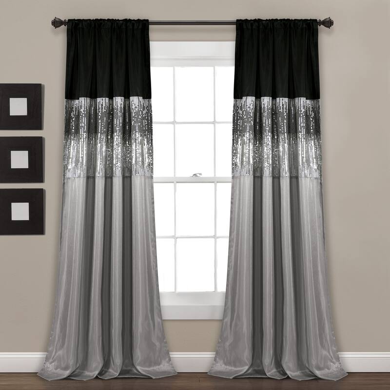 Silver Orchid Page Two-tone Faux Silk Glamorous Sequins Sparkle Single Curtain Panel - 95"L x 42"W - Black/Gray