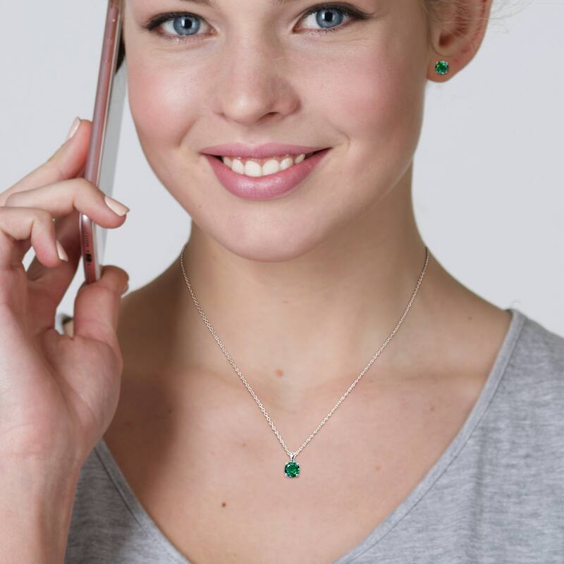 Miadora Created Emerald Two Piece Solitaire Necklace and Earrings Set in Sterling Silver