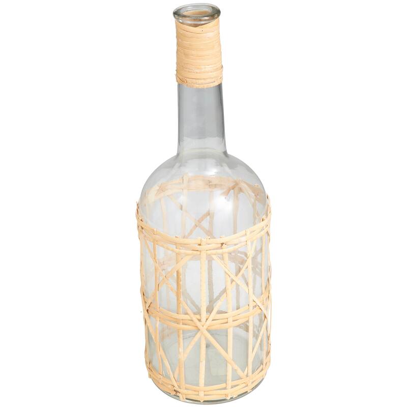 Clear Glass Handmade Tall Vase with Light Brown Rattan Woven Body and Neck