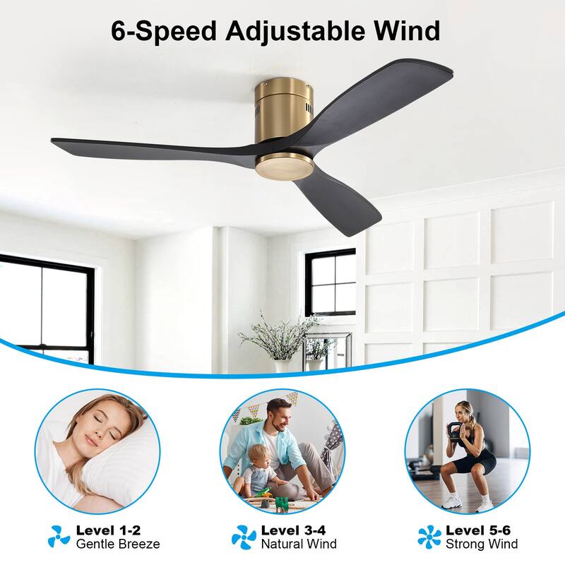 Sofucor 52 Inch Solid Wood Flush Mount Indoor Ceiling Fan without Light,Remote Control,Smart Optional
