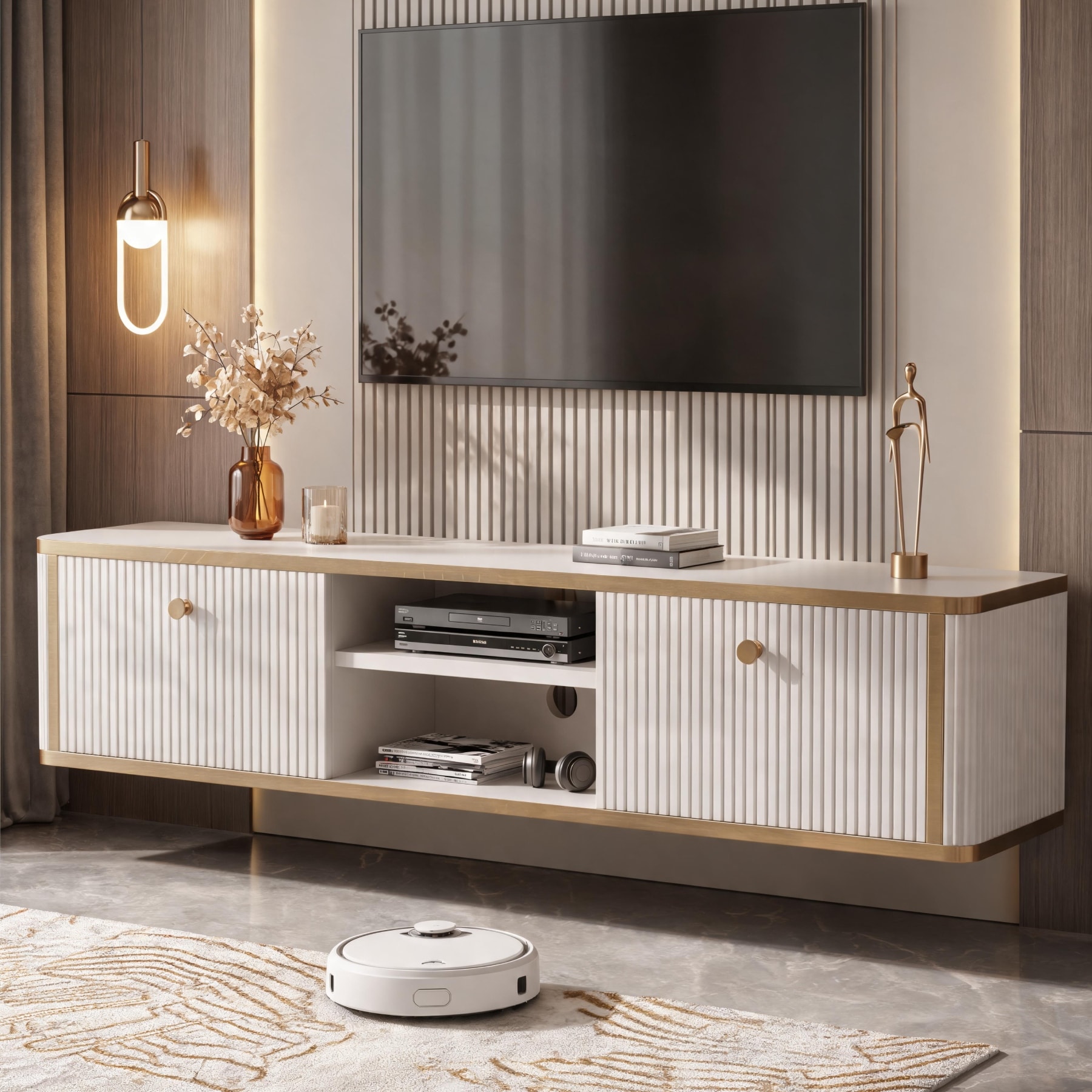 Modern Wall Mounted TV Stand with 2 Drawers, for TVs up to 65 Inches, Floating Entertainment Center,White and Gold