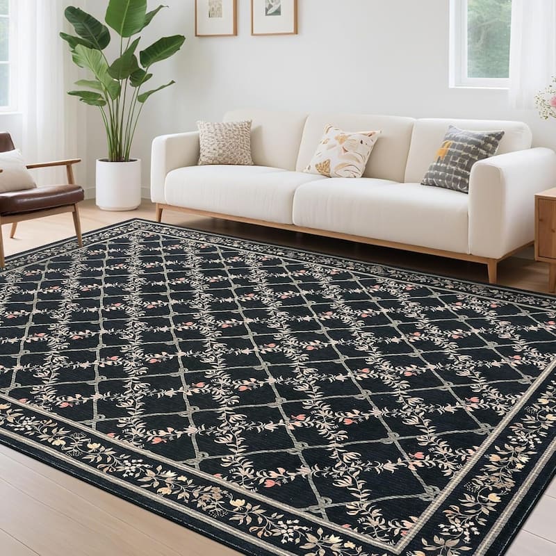 Floral Neutral Washable Hallway Low Pile Area Rug for Bedroom, Living Room, Black - 2' x 3' - Black 5*7ft