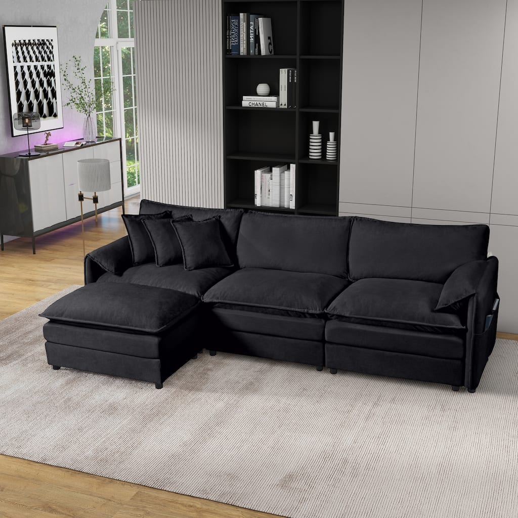 Modular Sectional L Shaped Sofa with Ottoman, Chenille, Black