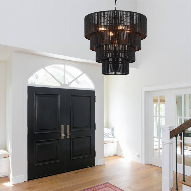 KAWOTI 5-Light 4-Tiered Pendant Light with Rattan Shade
