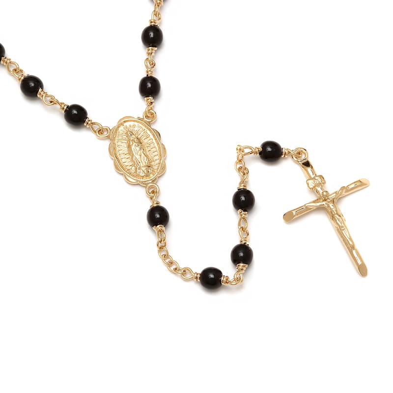 Roberto Martinez Gold or Platinum Plated Polished Black Glass Bead Rosary Necklace