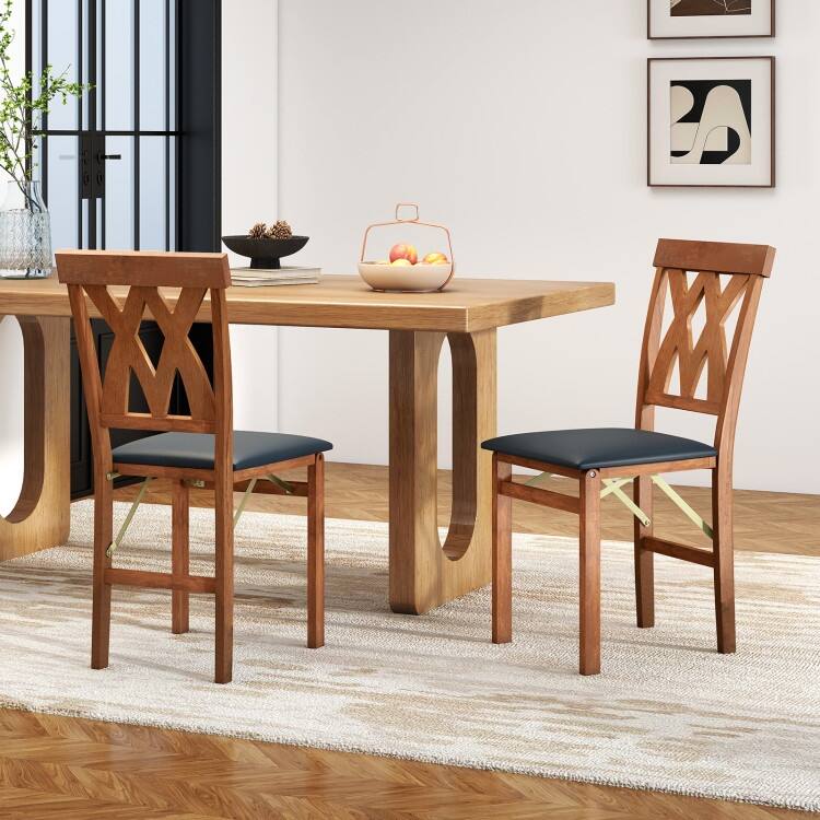 Set of 2 Folding Wooden Dining Chairs with PVC Leather Seat X-Back - 16" x 21" x 36"