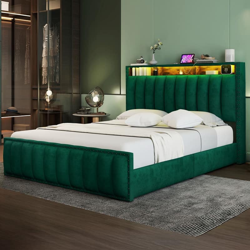 Full / Queen / King Size Platform Bed Frame with Upholstered Storage Headboard and 4 Drawers