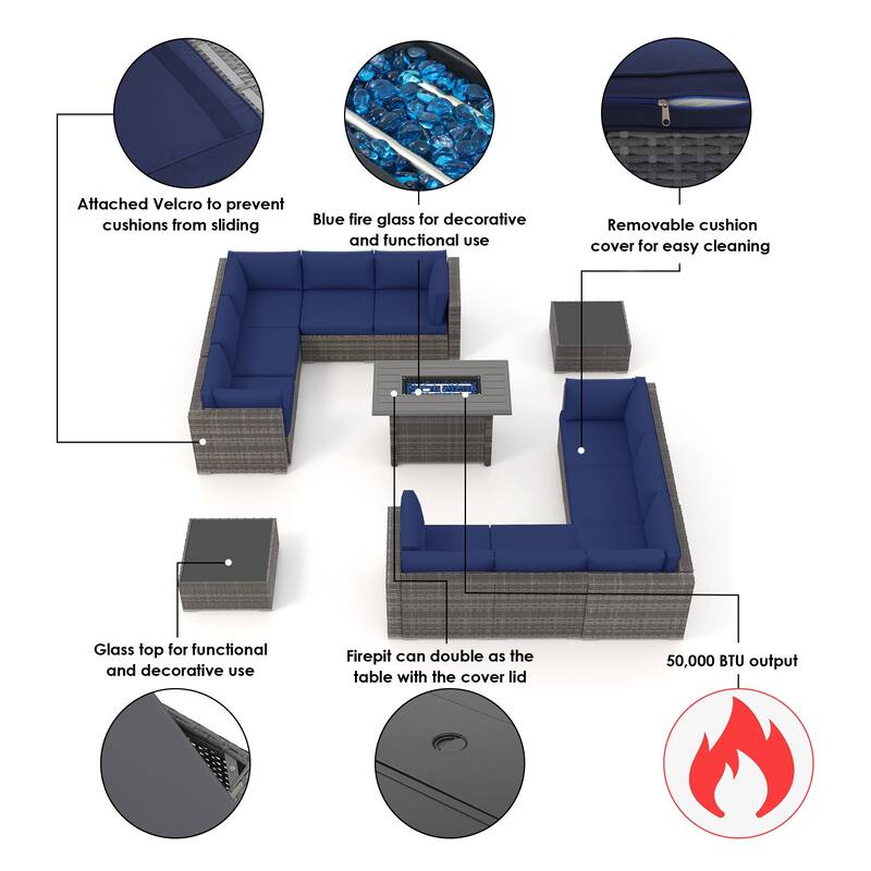 13 Piece Wicker Set Patio Sofa Furniture with Fire Pit And Table
