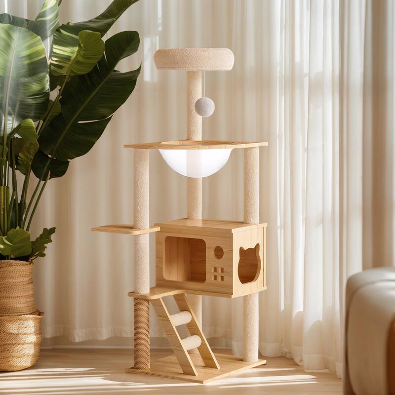 48.8" Modern Cat Tower, Wood Cat Tree Tower for Indoor Cats, Cat Treewith Sisal-Covered Scratching Posts and Top Perch