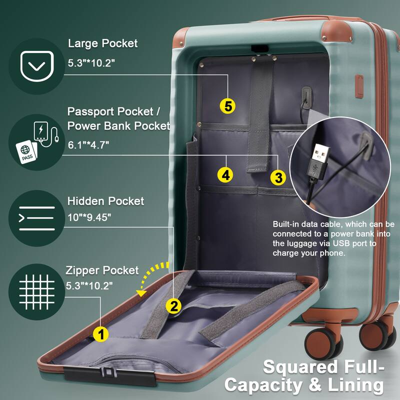 5 Piece ABS Hardside Lightweight Expandable Carry on Suitcase with Spinner Wheels TSA Lock USB Port Cup Holder and Toiletry Bag