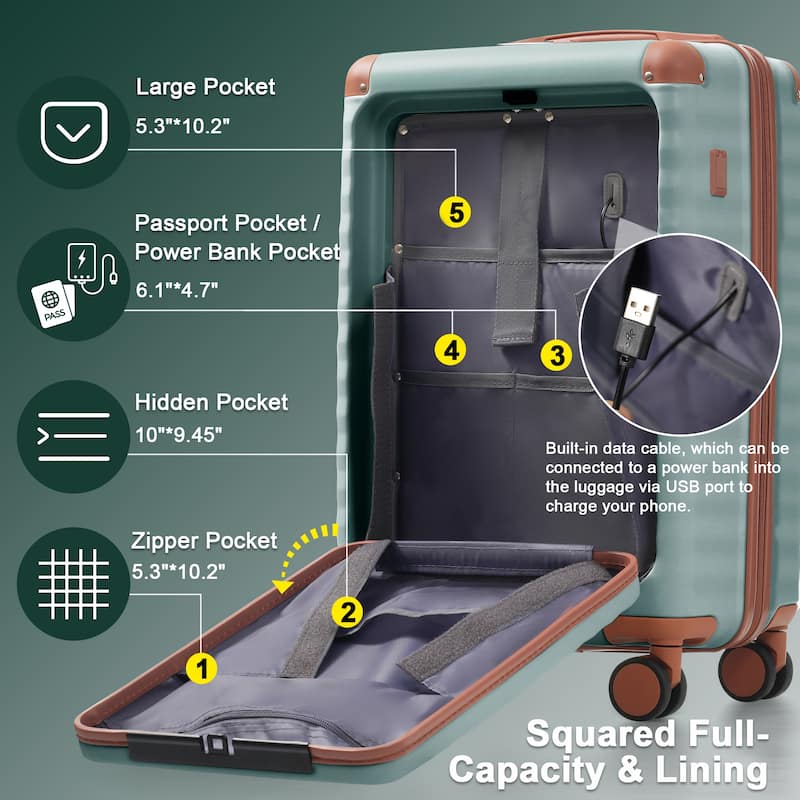 5-Piece Modern Expandable Luggage Sets, Front-opening Luggage with USB Port, Cup Holder and TSA Lock, for Boarding Travel