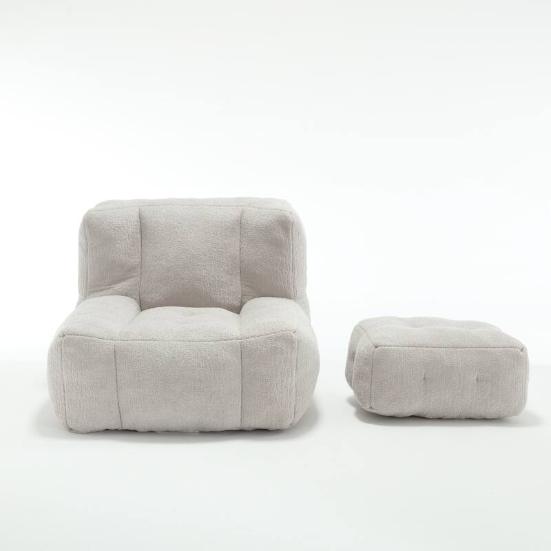 Fluffy Bean Bag Chair with Memory Foam and Ottoman, Super Soft Velvet Bean Bag for Adults & Kids, Comfortable Lazy Sofa