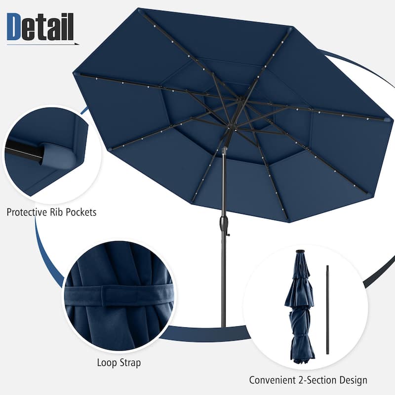 Gymax 10 FT Solar Patio Umbrella w/ 32 LED Lights 3-Tier Vented Top