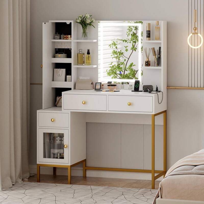 Vanity Desk with LED Mirror, Charging Station, Drawers, Shelves, Jewelry Cabinet