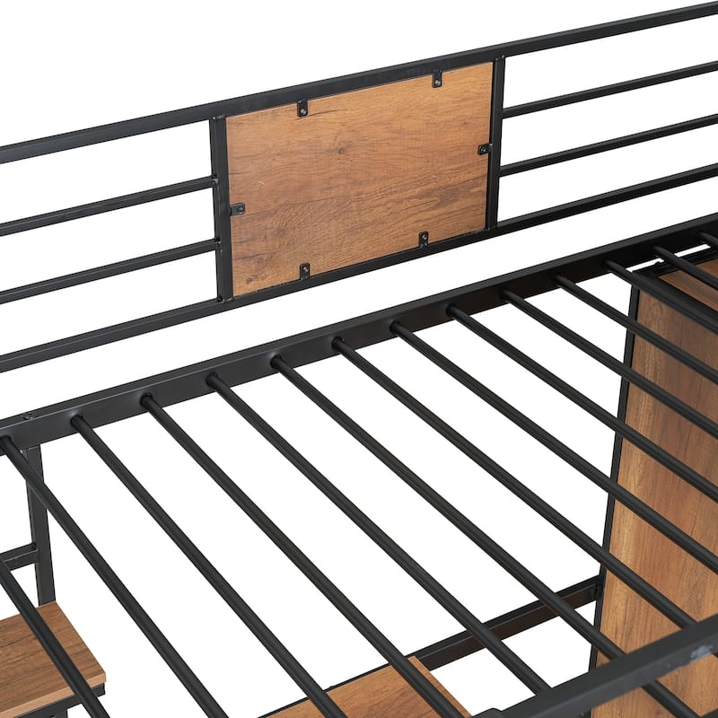 Black Twin Size Metal Wood Loft Bed with L-shaped Desk and Wardrobe