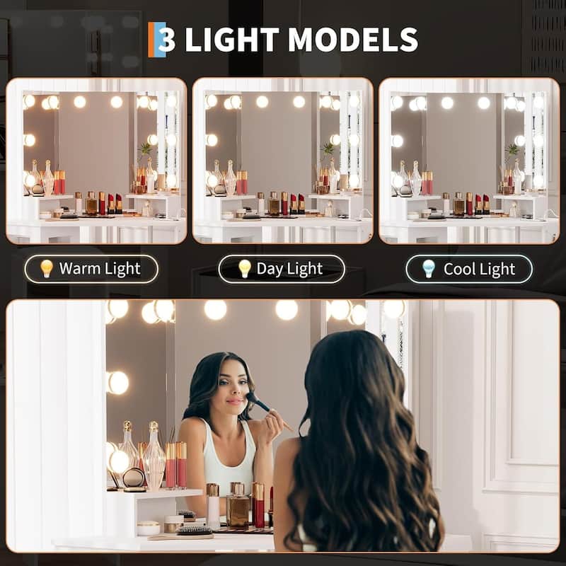 Corner Vanity Desk and Stool, Makeup Dressing Table Set with Light Bulbs Mirror