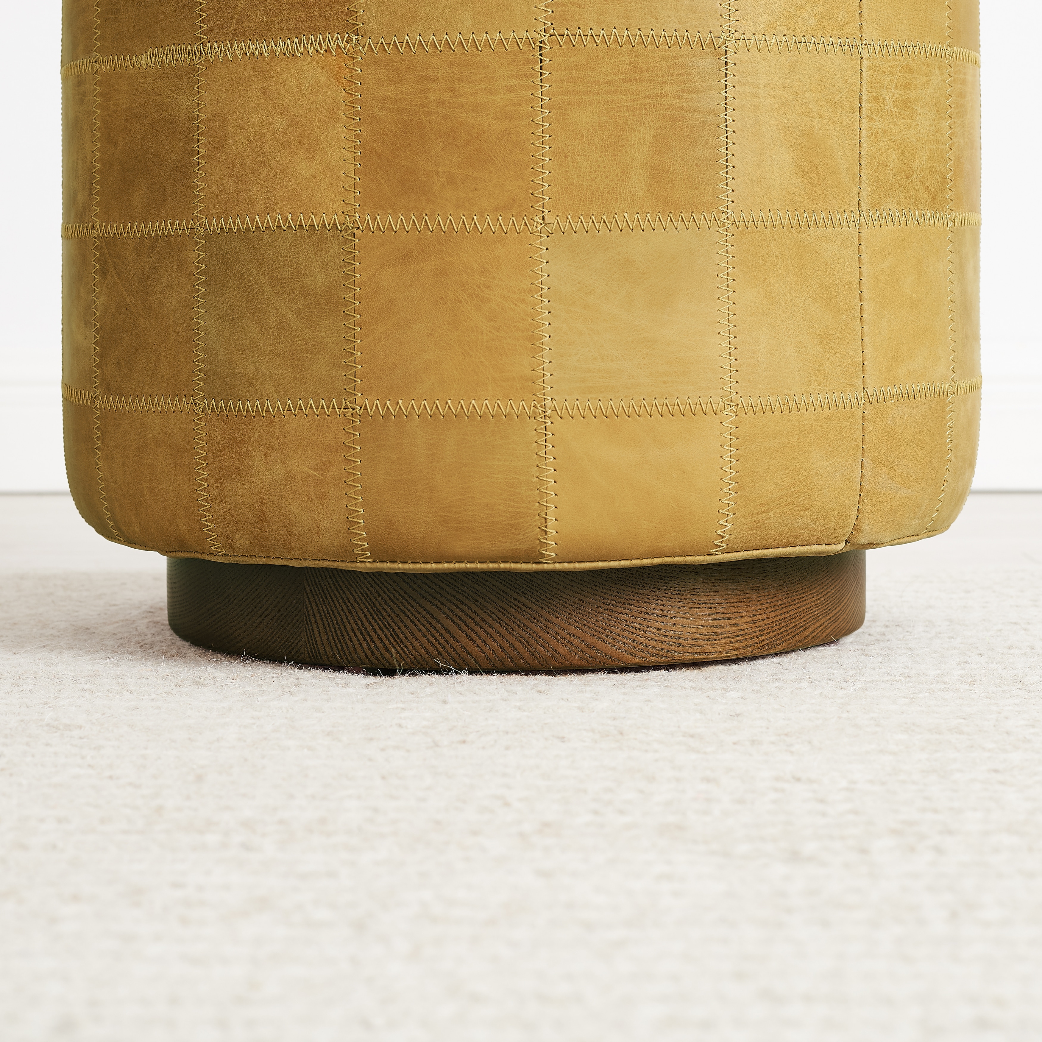 Vintage Genuine Leather Ottoman Footstool with Checkered Stitching