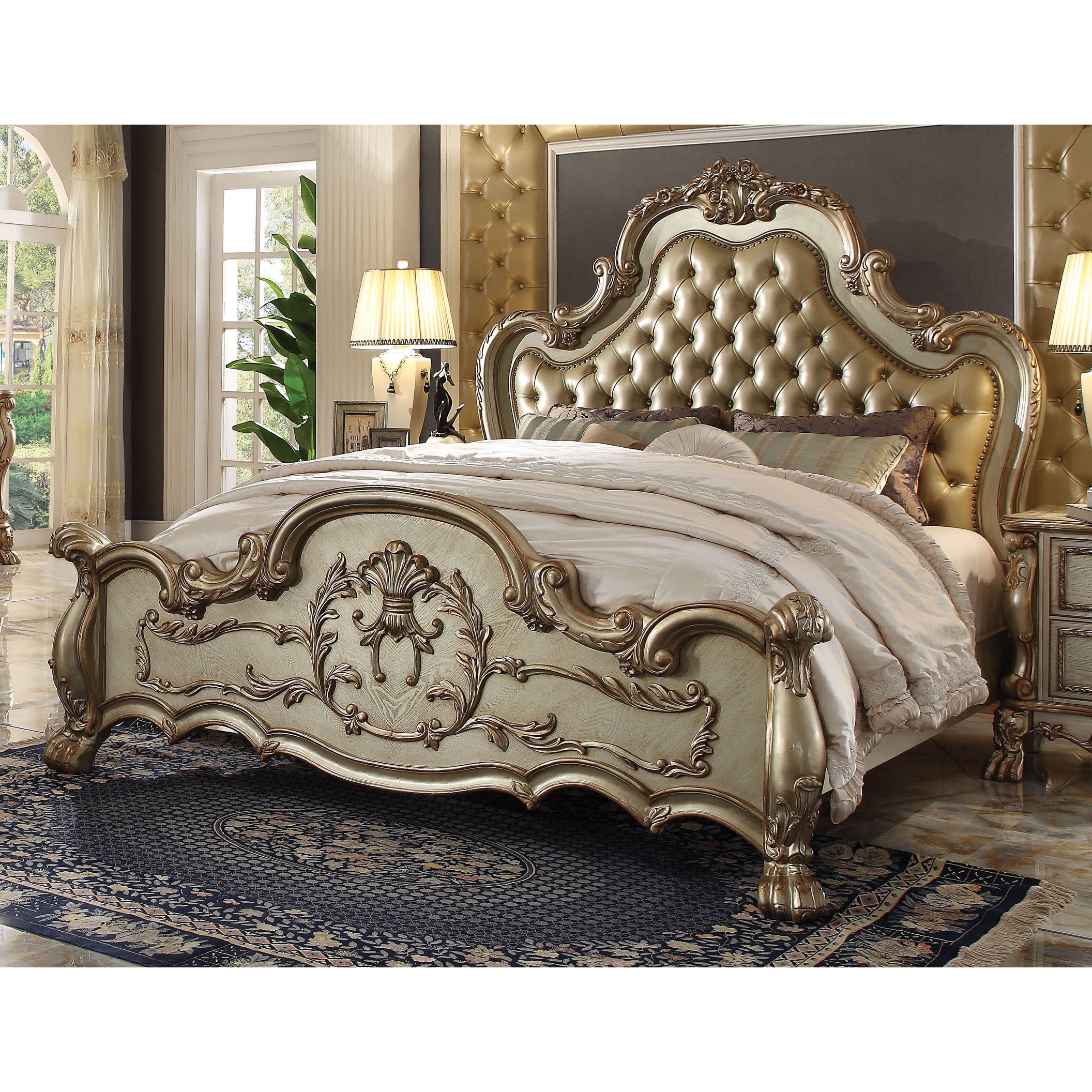 Adison Bone and Gold Patina Tufted Headboard Panel Bed
