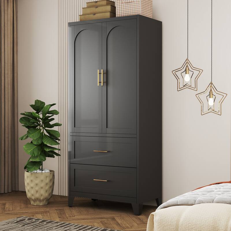 Tall Metal Wardrobe Armoire Cabinet with 2 Drawers and Hanging Rod, Black