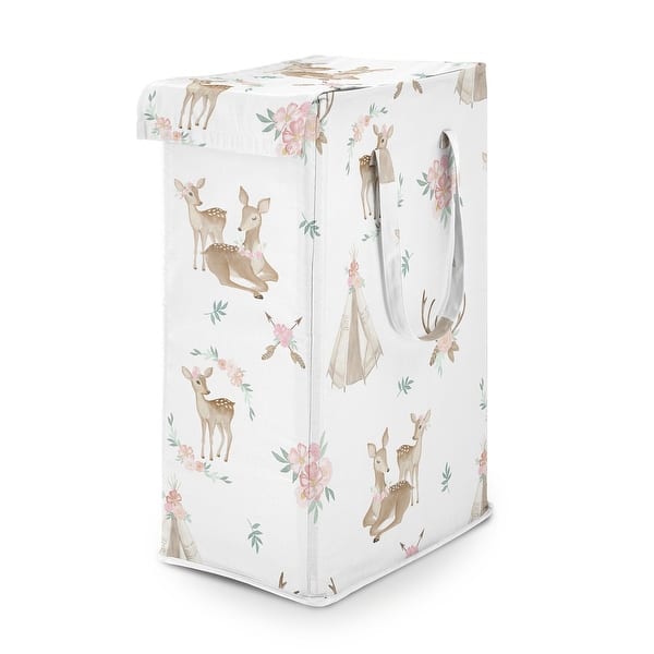slide 2 of 6, Sweet Jojo Designs Woodland Deer Floral Girl Foldable Laundry Hamper with Handles Boho Watercolor Bohemian Forest Animal Shabby