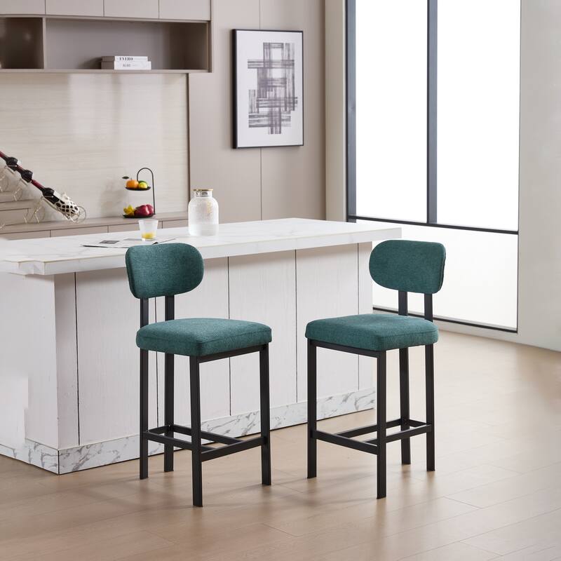 Bar Stools Set of 2, Fabric Upholstered Counter Height Bar Stools, Open Back Dining Chairs with Metal Legs & Footrest
