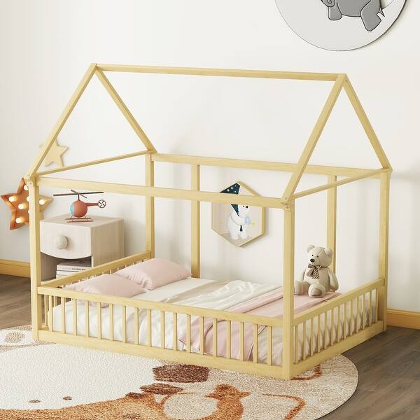 slide 2 of 9, Stylistic Elements Full Size Floor Wooden Kids Bed with House Roof Frame and Safety Guardrails, Natural Natural