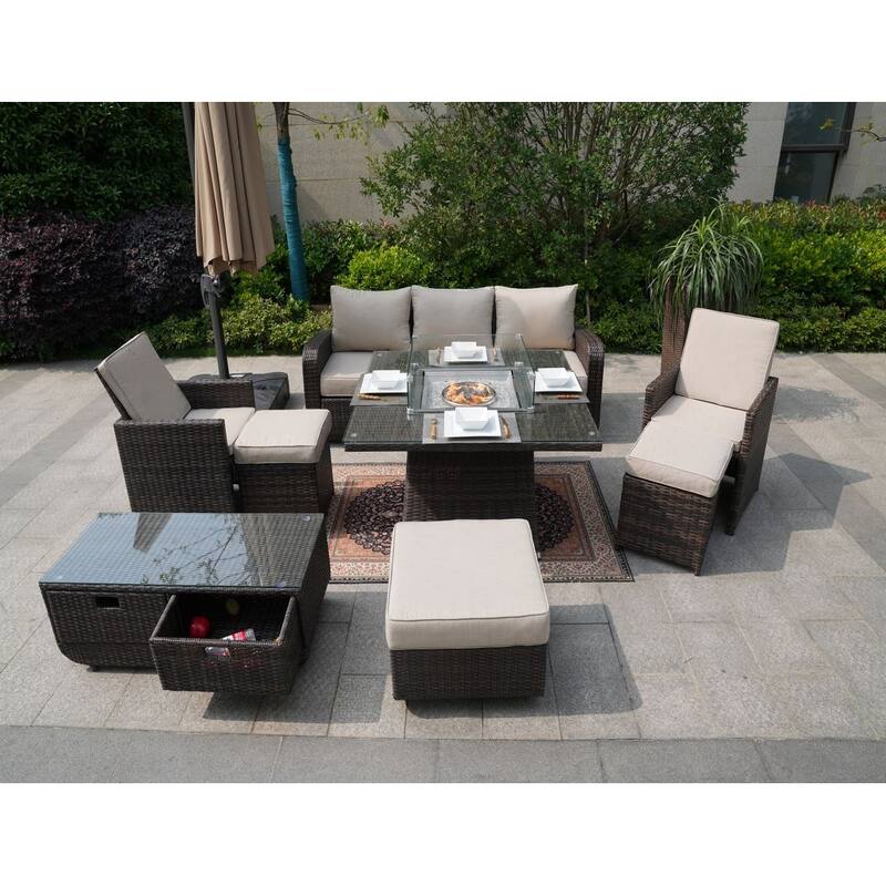 Outdoor Wicker Sofa Patio Set Seating Furniture with Fire Pit Table - 8-Piece