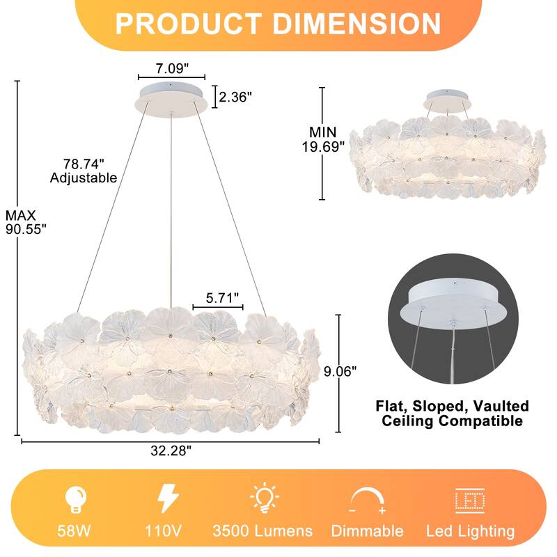 Modern LED Chandelier Clear & Frosted Glass Floral Petals Dimmable
