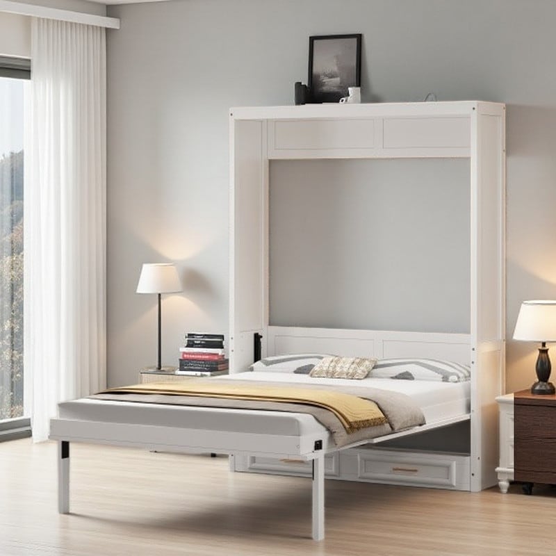 Full-Size Murphy Bed with Dual Storage Drawers, Space-Saving Foldable Wardrobe Design in Beige Finish