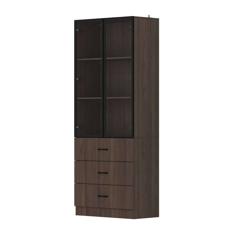 Bookshelves Bookcase Modular Glass Display Cabinet with LED Lights, Dark Wood Storage Combination Cabinet System