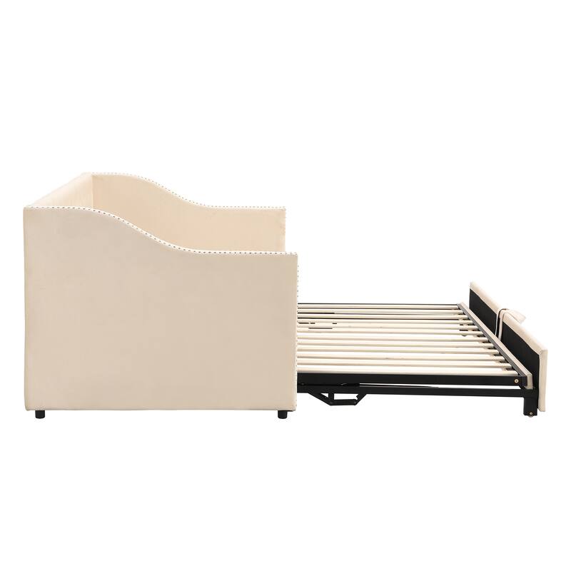 Twin Size Upholstered Daybed with Pop-Up Trundle, Expandable from Twin to King, Velvet with Armrests