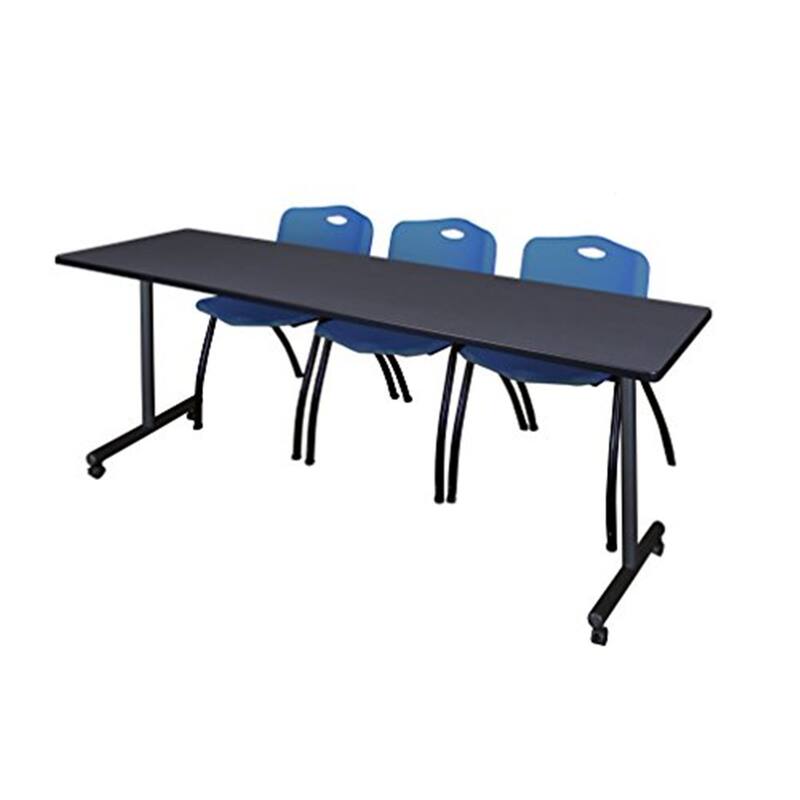 84" x 24" Mobile Training Table- Grey & 3 'M' Stack Chairs- Blue