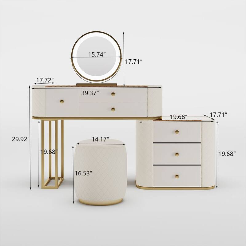 Modern Makeup Vanity Set with Mirror，Tempered Glass Tabletop, 6 Solid Wood Drawers with Leather, Gold-Plated, Stool, Beige