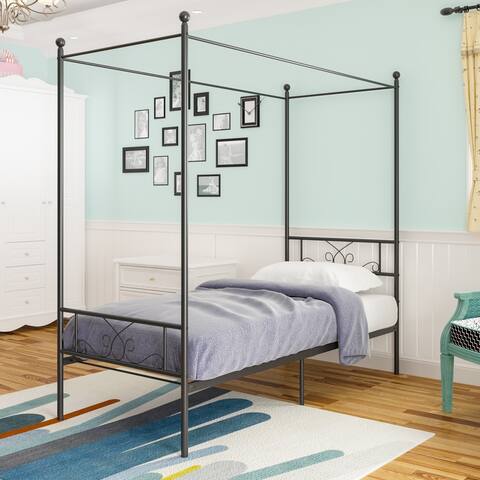 Teraves 12" Metal Four-poster Canopy Platform Bed Frame with Headboard & Footboard, No Box Spring Needed