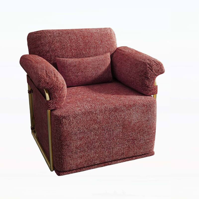 360 Degree Swivel Accent Chair,Wide Upholstered Seat,and Gold Metal Legs - Red+Brown