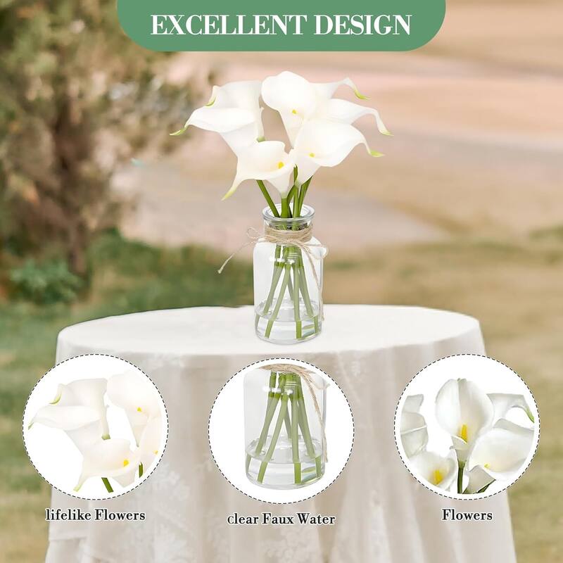 2PCS Calla Lily Artificial Flowers in Glass Vase with Faux Water - 2 pcs
