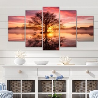 Designart " Majestic Tree in The Mountain Lake Sunset I" Lake ...