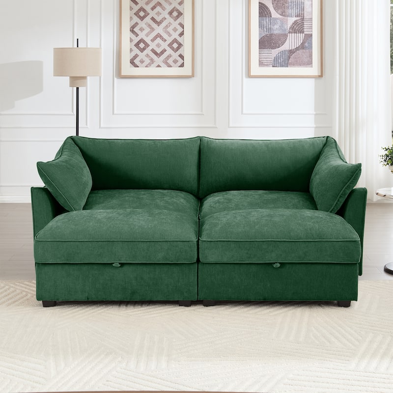 2-Seater Loveseat with 2 Movable Ottoman & Pull out Storage Drawer Under
