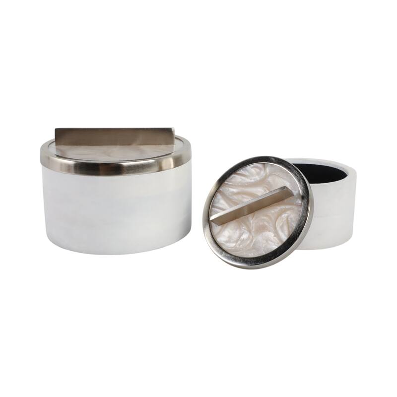 Elegant Round Decorative Box with Metal Lid - Set of 2, 7", 5", White - 7.0"